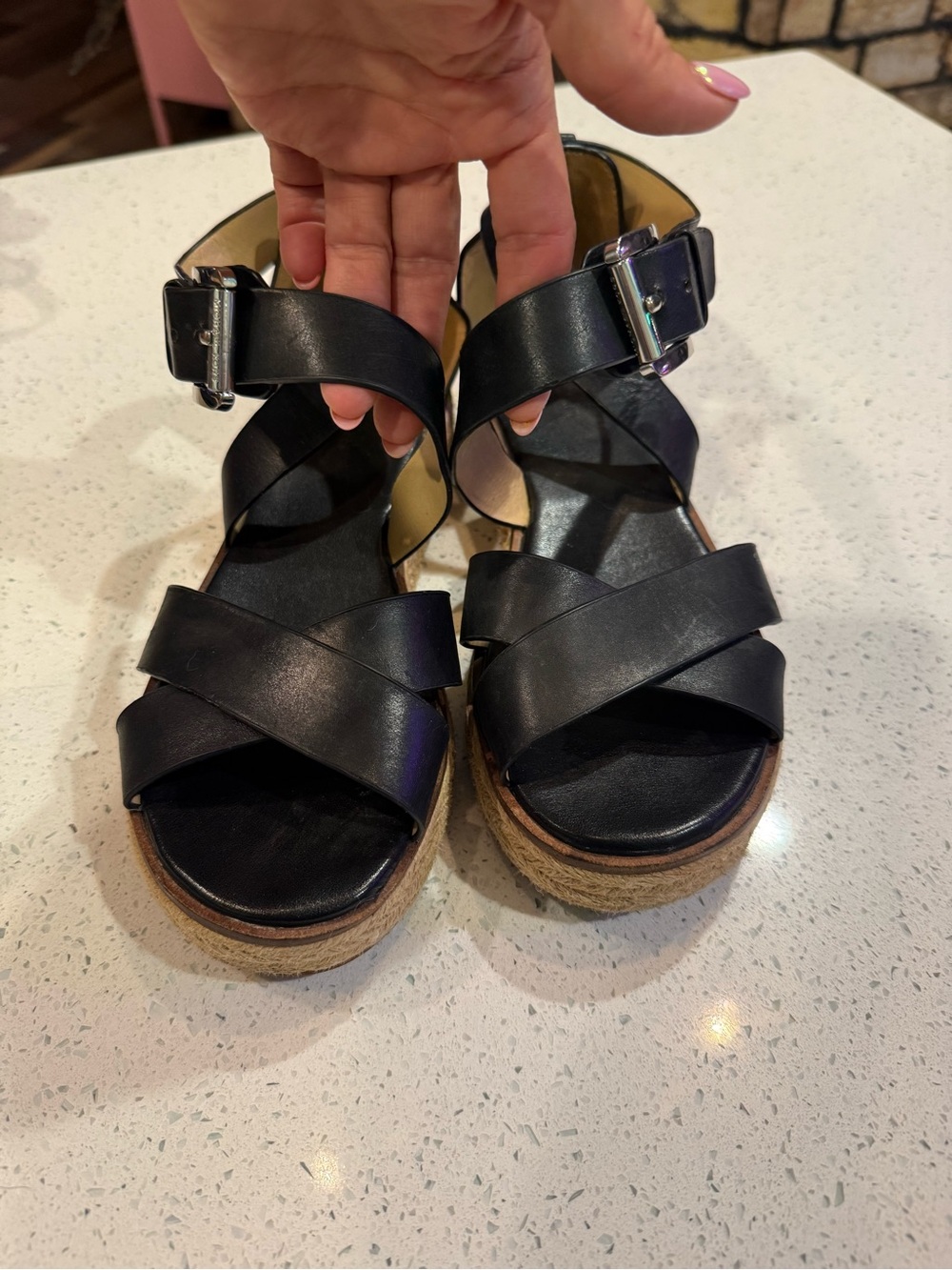 Michael Kors Black Leather Platform Espadrille Sandals